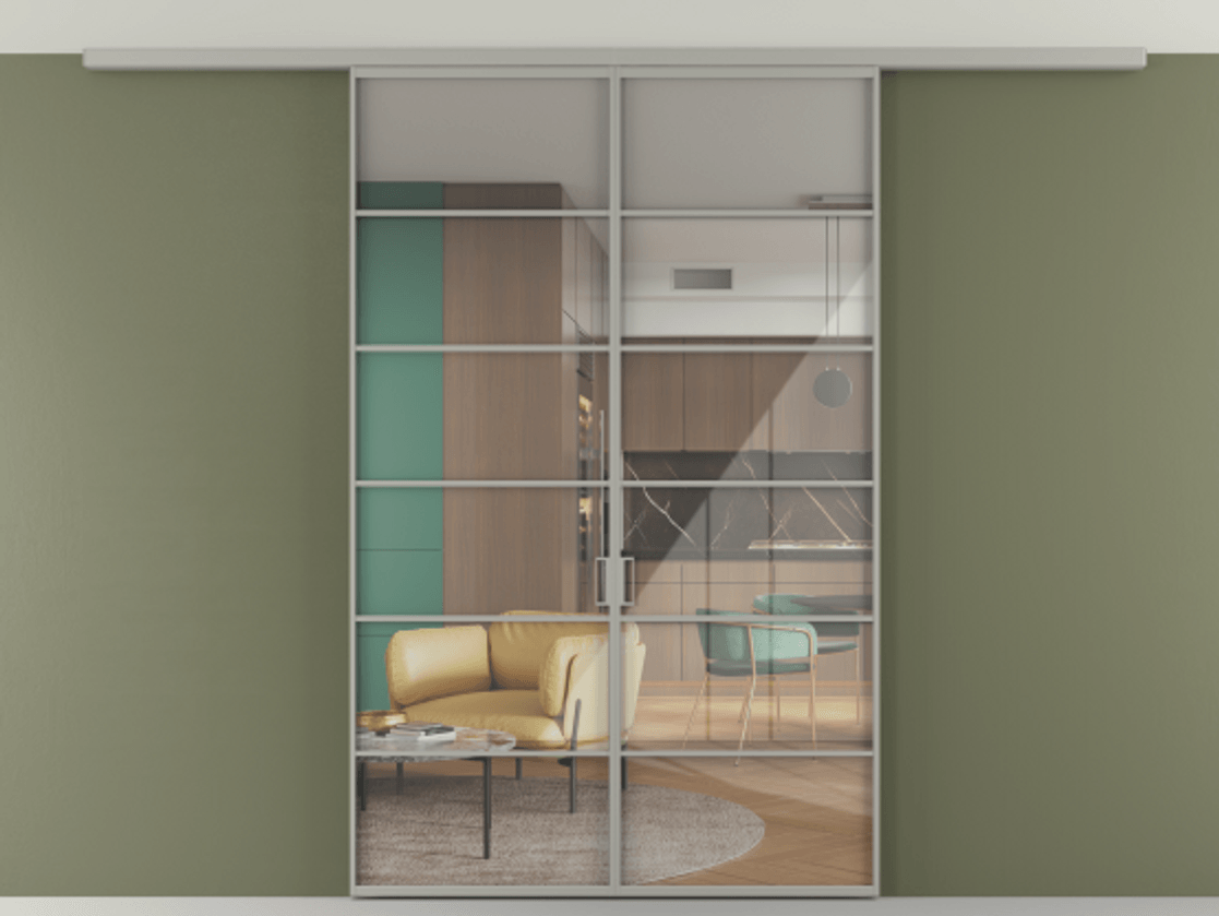 Перегородка Формато вдоль стены на потолок 2 створки АЛПР 040.04 Алюминий нейтральный серый Рефлективное прозрачное стекло "Стопсол", калёное Цена 11840 Br | Volhovec