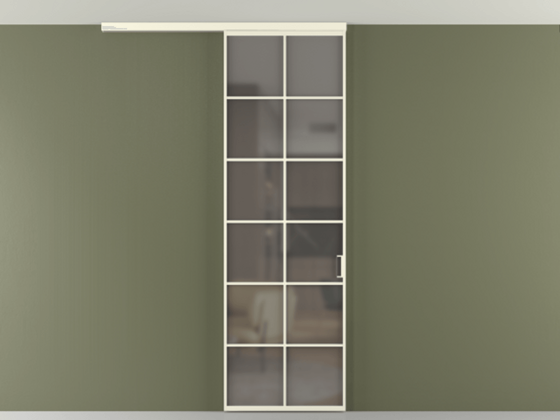 Перегородка Формато вдоль стены на потолок 1 створка АЛПР 040.05 Алюминий молочно-белый Сатинированное серое стекло, триплекс Цена 5770 Br | Volhovec