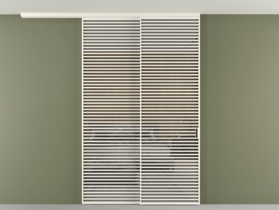 Перегородка Формато вдоль стены на потолок 2 створки с синхронным механизмом АЛПР 040.07 Алюминий пудровый белый Рефлективное серое стекло "Стопсол", калёное Цена 29010 Br | Volhovec