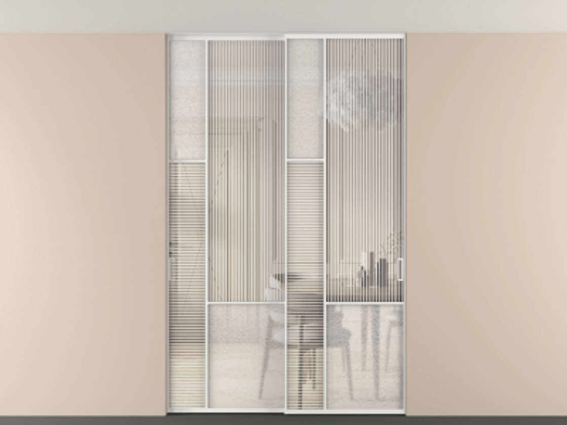 Перегородка Mosaic внутри проёма скрытое крепление в потолок 2 створки АЛПР 041.13 Алюминий светло-серый Рифлёное стекло "Дюна", триплекс, 6 мм + Фактурное стекло "Лёд", триплекс Цена 18210 Br | Volhovec