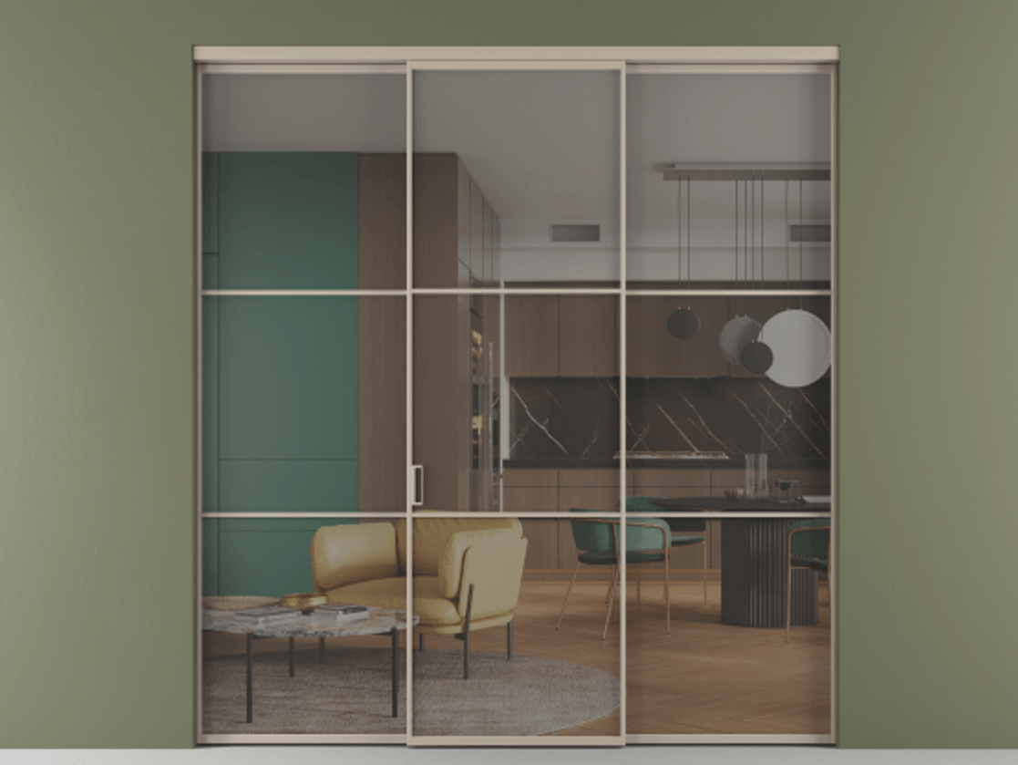 Перегородка Formato внутри проёма 3 створки АЛПР 040.03 Алюминий бисквитный Прозрачное серое стекло, триплекс Цена 13290 Br | Volhovec