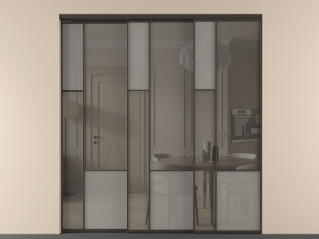 Перегородка Мозаик внутри проёма 3 створки с синхронным механизмом АЛПР 041.13 Алюминий антрацит Сатинированное серое стекло, триплекс, 6 мм + Прозрачное серое стекло, триплекс Цена 23390 Br | Volhovec