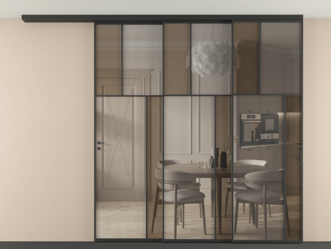 Перегородка Mosaic вдоль стены телескопик синхро-3 АЛПР 041.23 Алюминий Черный Mesh silver + Бронза прозрачное триплекс Цена 23130 Br | Volhovec