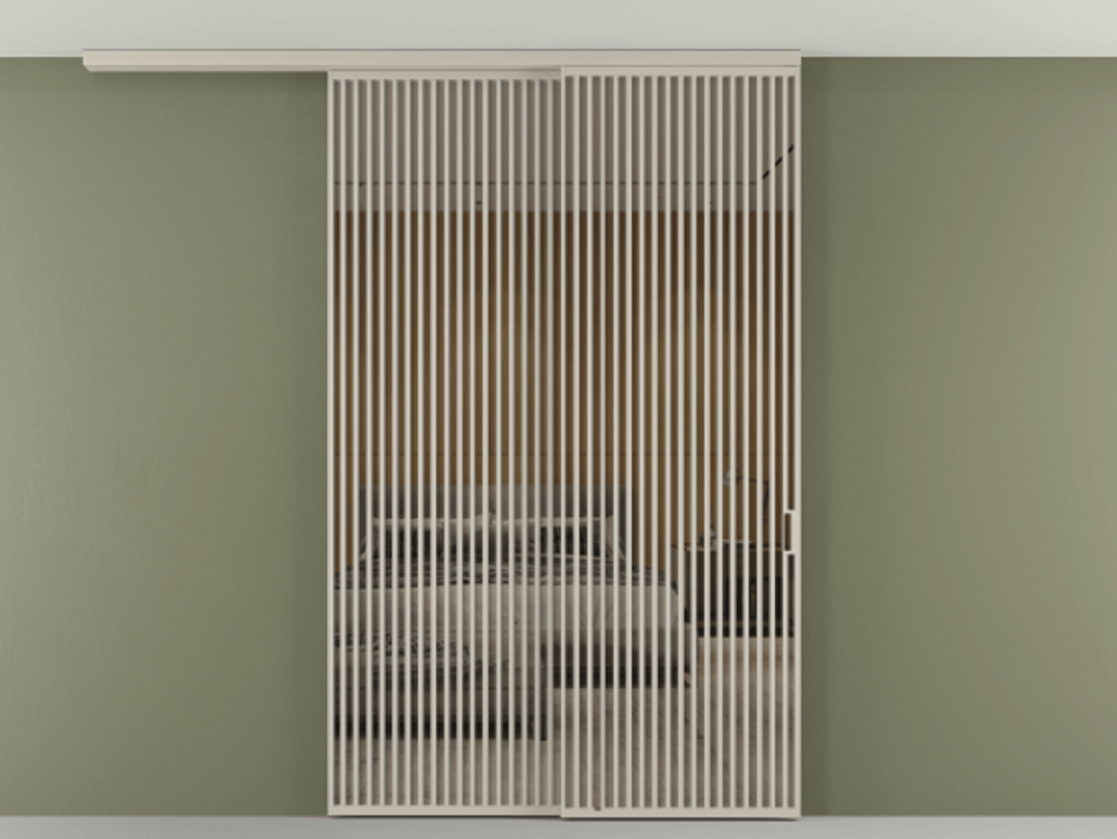 Перегородка Formato вдоль стены на потолок 2 створки с синхронным механизмом АЛПР 040.06 Алюминий светло-бежевый Рефлективное бронзовое стекло "Стопсол", калёное Цена 29010 Br | Volhovec