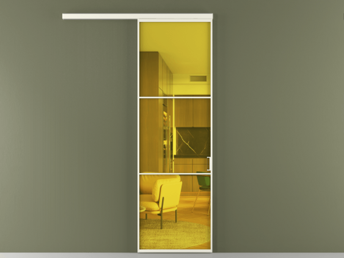 Перегородка Формато вдоль стены 1 створка АЛПР 040.03 Алюминий жемчужный Прозрачное жёлтое стекло, триплекс Цена 5700 Br  | Volhovec