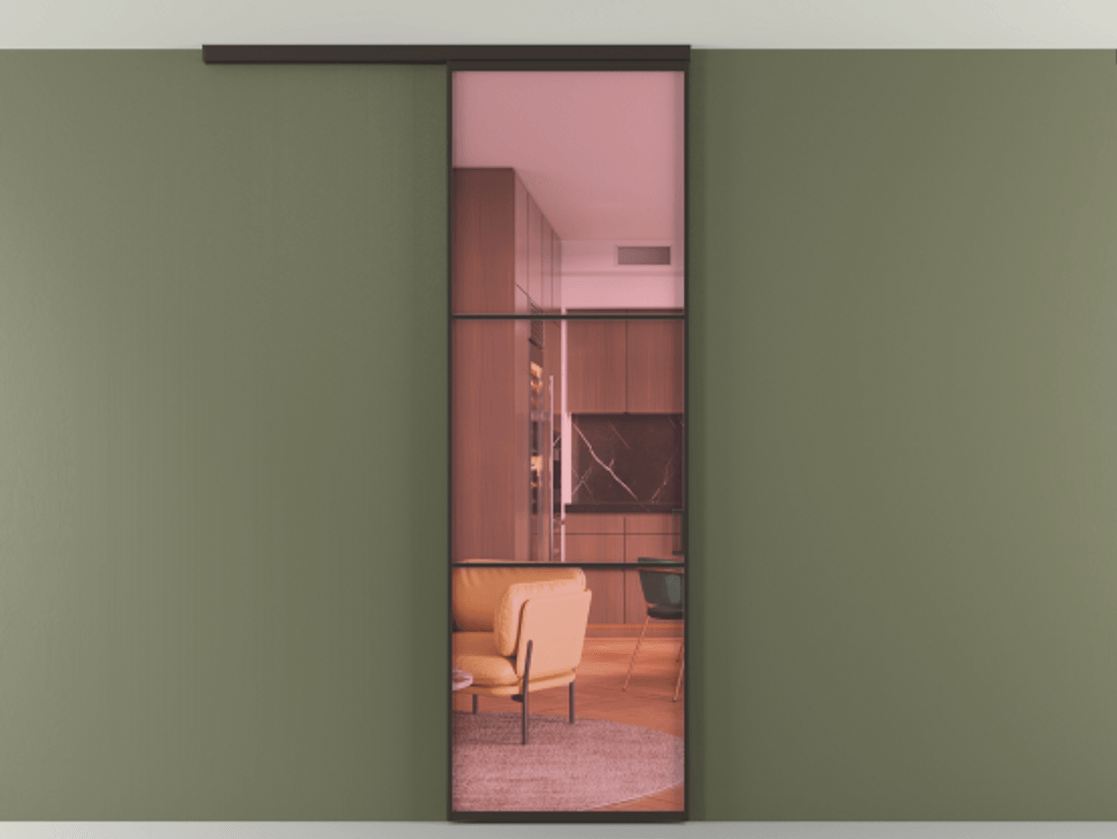 Перегородка Formato вдоль стены на потолок 1 створка АЛПР 040.03 Алюминий антрацит Прозрачное розовое стекло, триплекс Цена 5400 Br | Volhovec