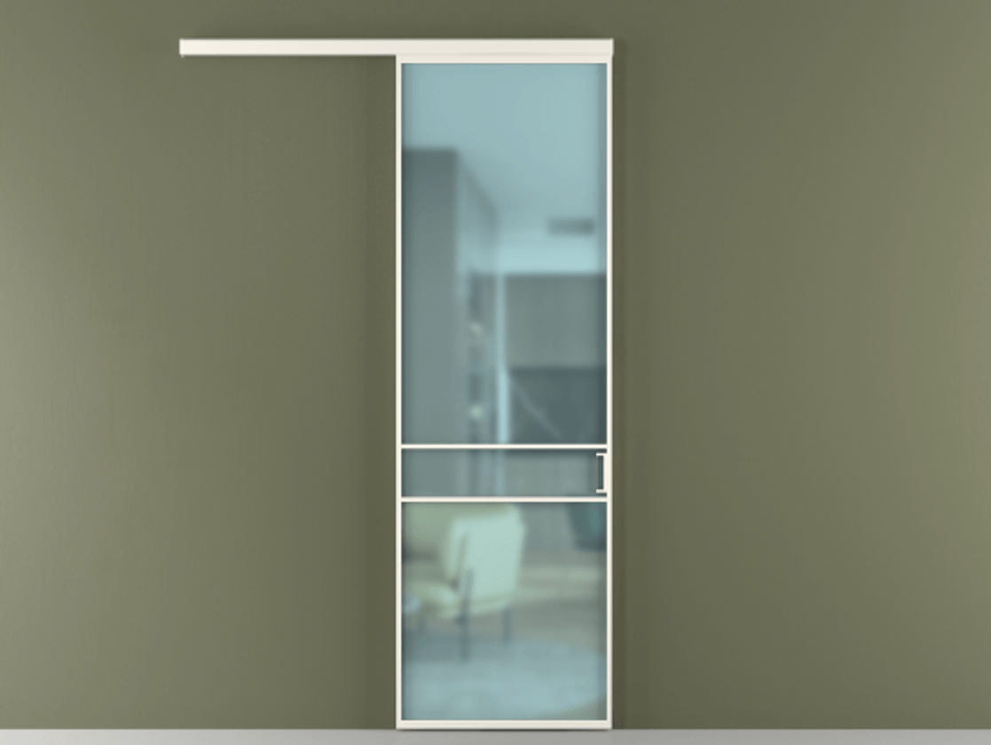 Перегородка Формато вдоль стены 1 створка АЛПР 040.02 Алюминий пудровый белый Сатинированное голубое стекло, триплекс Цена 5700 Br  | Volhovec