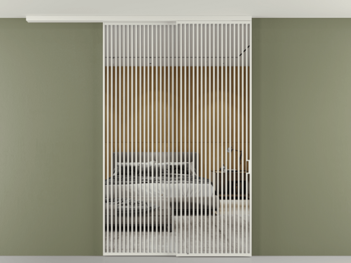 Перегородка Formato вдоль стены на потолок 2 створки с синхронным механизмом АЛПР 040.06 Алюминий серый Двустороннее зеркало, триплекс , триплекс 6 мм Цена 23070 Br | Volhovec