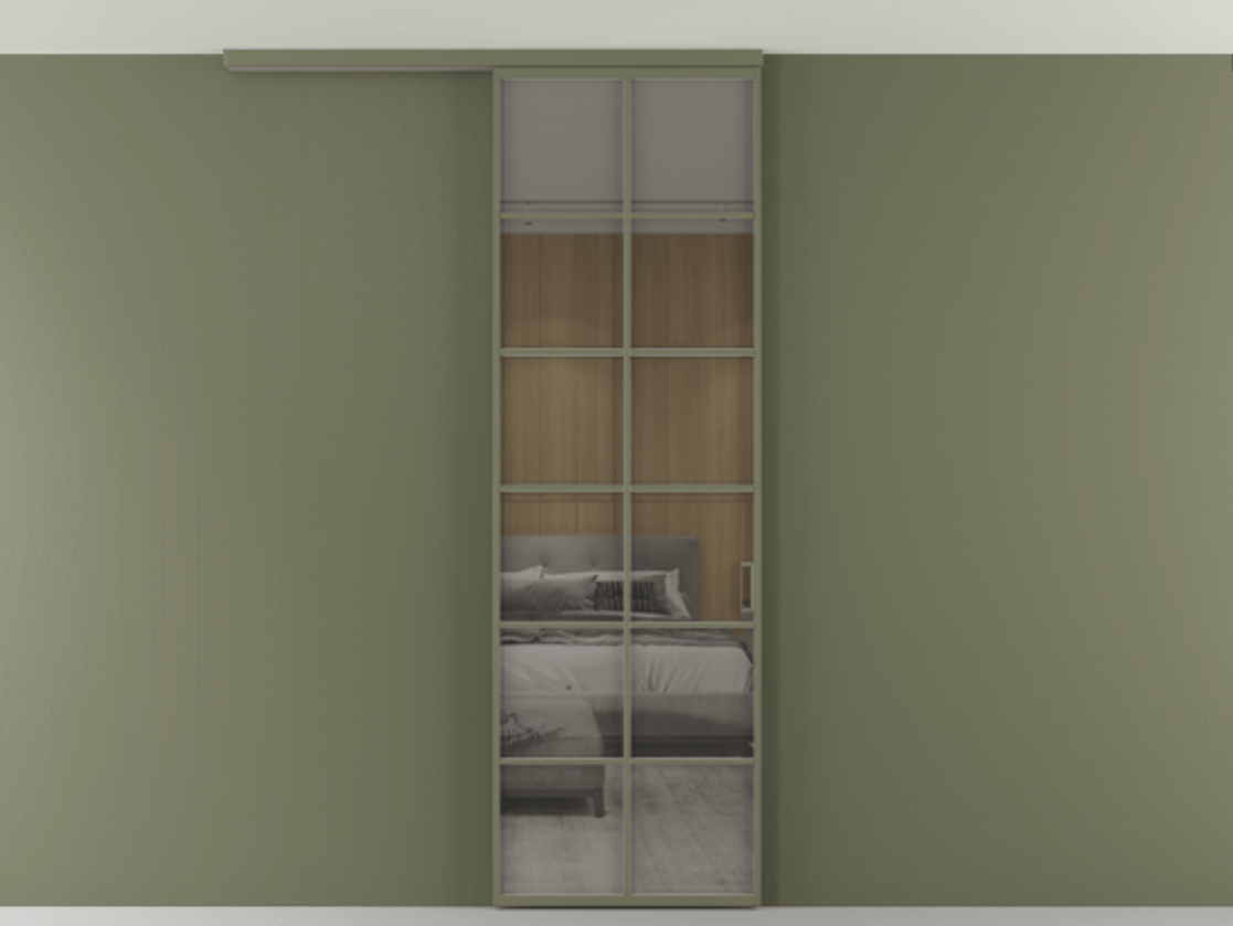 Перегородка Формато вдоль стены на потолок 1 створка АЛПР 040.05 Алюминий оливковый тёмный Рефлективное серое стекло "Стопсол", калёное Цена 7170 Br | Volhovec