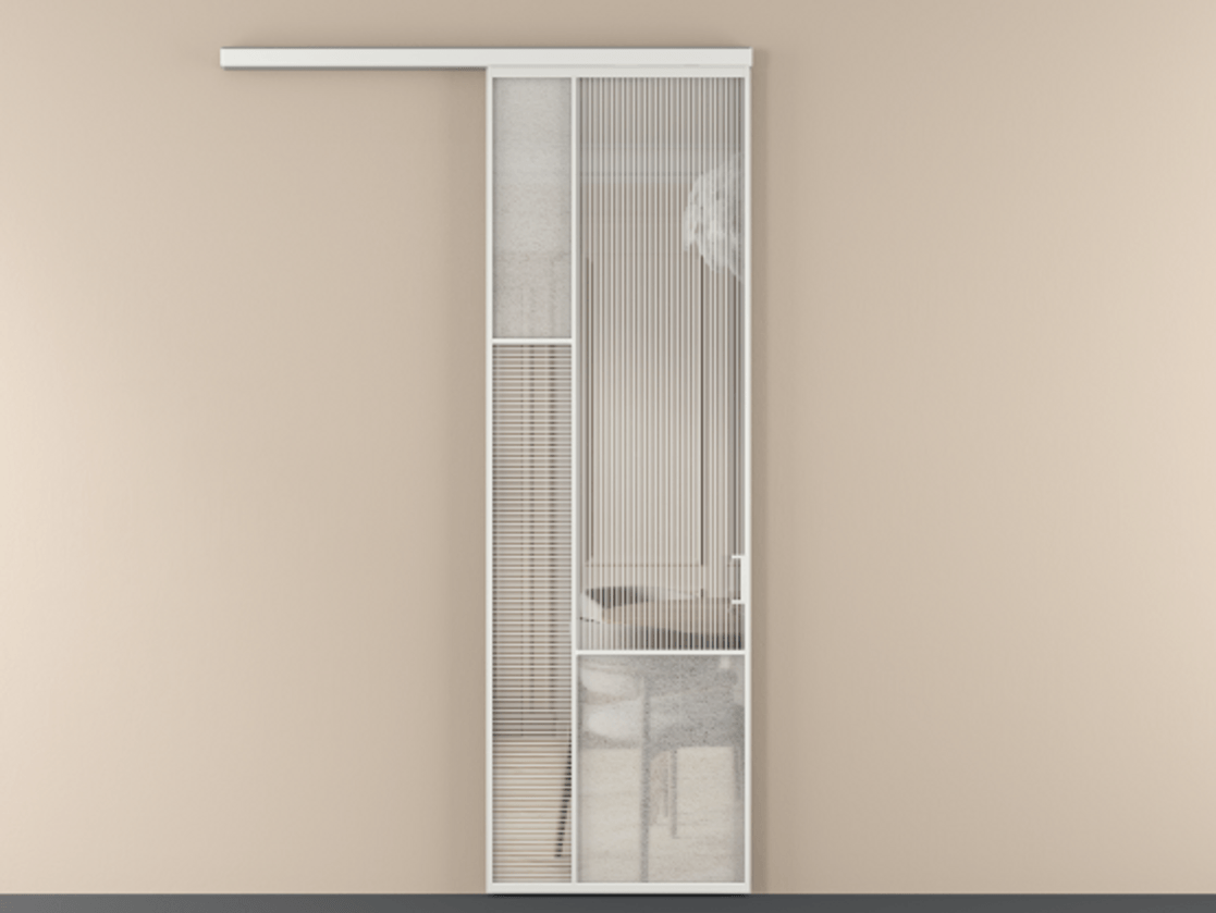 Перегородка Mosaic вдоль стены 1 створка АЛПР 041.13 Алюминий белоснежный Рифлёное стекло "Дюна", триплекс, 6 мм + Фактурное стекло "Лёд", триплекс Цена 7750 Br | Volhovec