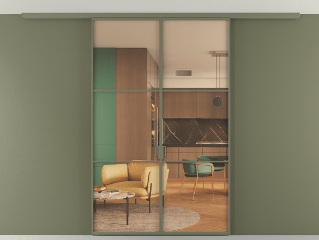 Перегородка Формато вдоль стены на потолок 2 створки АЛПР 040.03 Алюминий оливковый тёмный Прозрачное оранжевое стекло, триплекс Цена 10400 Br | Volhovec