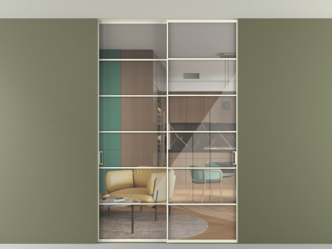 Перегородка Формато внутри проёма скрытое крепление в потолок 2 створки АЛПР 040.04 Алюминий молочно-белый Рефлективное прозрачное стекло "Стопсол", калёное Цена 17250 Br | Volhovec