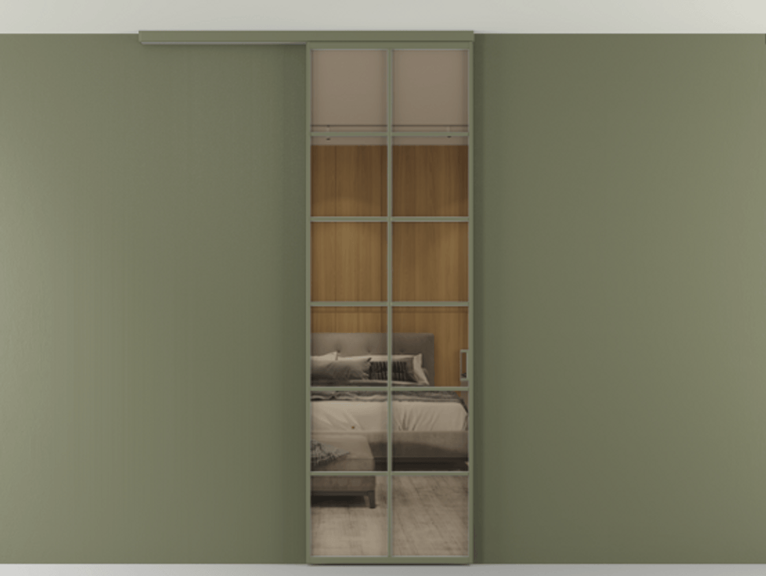 Перегородка Формато вдоль стены на потолок 1 створка АЛПР 040.05 Алюминий оливковый тёмный Рефлективное бронзовое стекло "Стопсол", калёное Цена 7170 Br | Volhovec