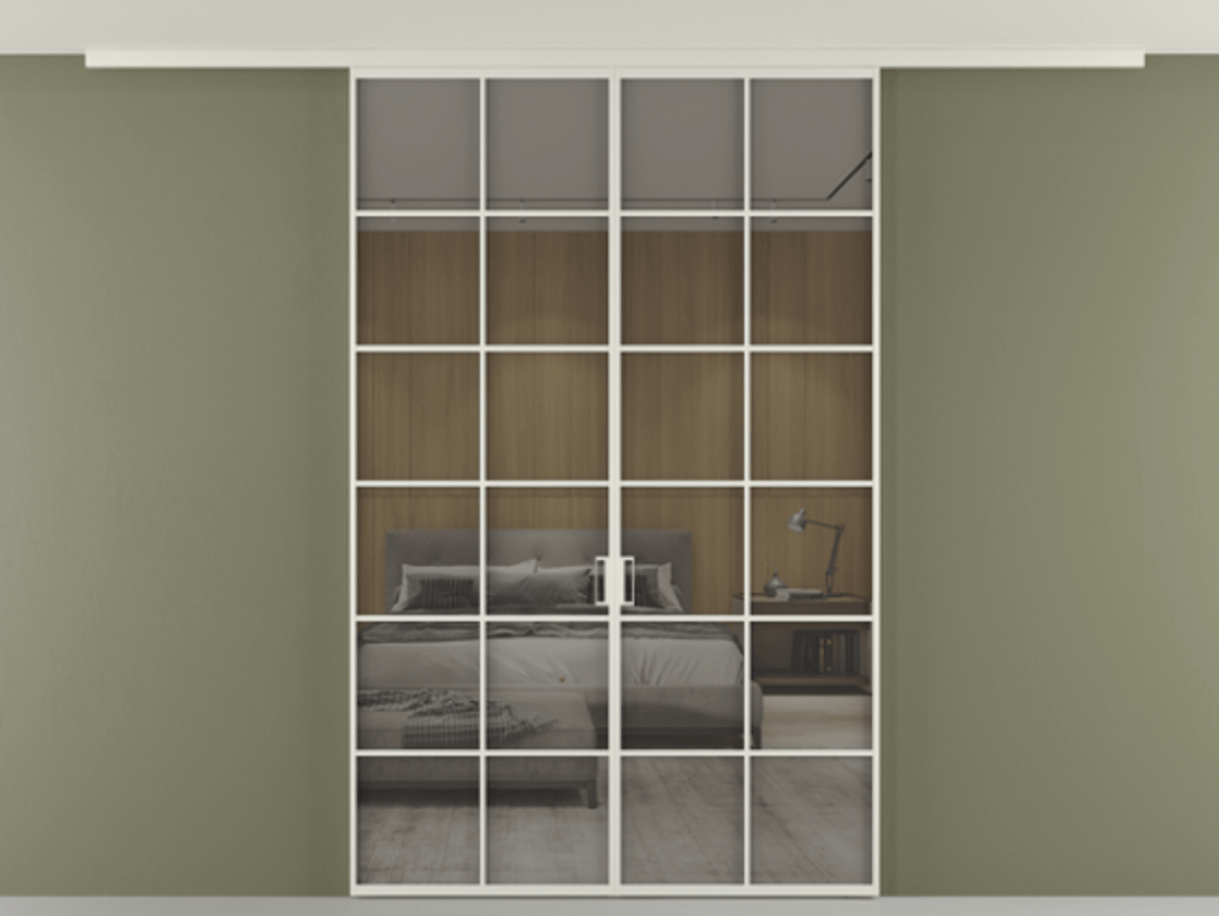 Перегородка Формато вдоль стены на потолок 2 створки АЛПР 040.05 Алюминий Белый Рефлективное серое стекло "Стопсол", калёное Цена 13430 Br | Volhovec