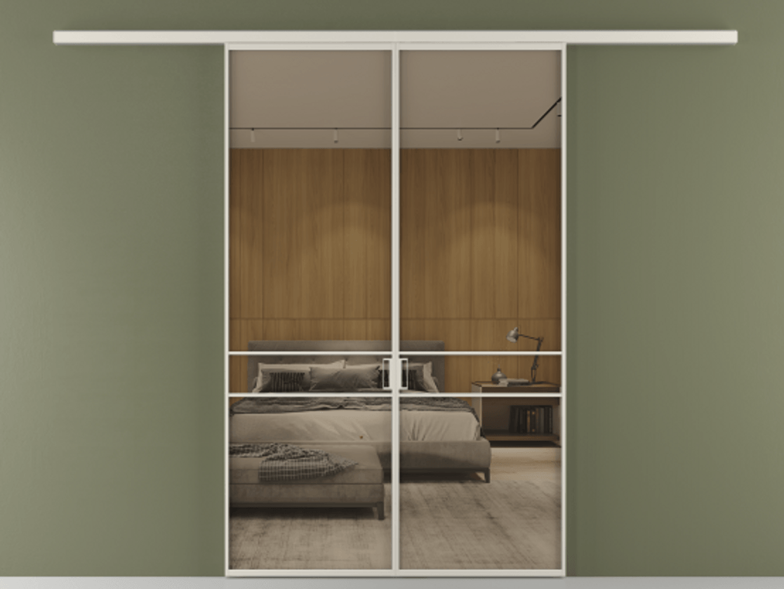 Перегородка Formato вдоль стены 2 створки АЛПР 040.02 Алюминий облачно-серый Рефлективное бронзовое стекло "Stopsol", калёное Цена 13310 Br | Volhovec