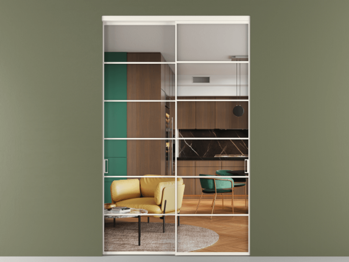 Перегородка Формато внутри проёма 2 створки АЛПР 040.04 Алюминий пудровый белый Прозрачное стекло "Кристал Вижн", калёное Цена 26410 Br  | Volhovec