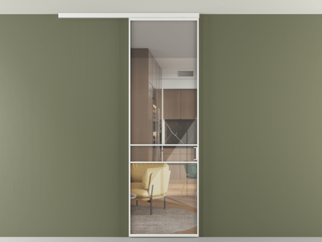 Перегородка Формато вдоль стены на потолок 1 створка АЛПР 040.02 Алюминий белоснежный Рефлективное прозрачное стекло "Стопсол", калёное Цена 6711 Br | Volhovec