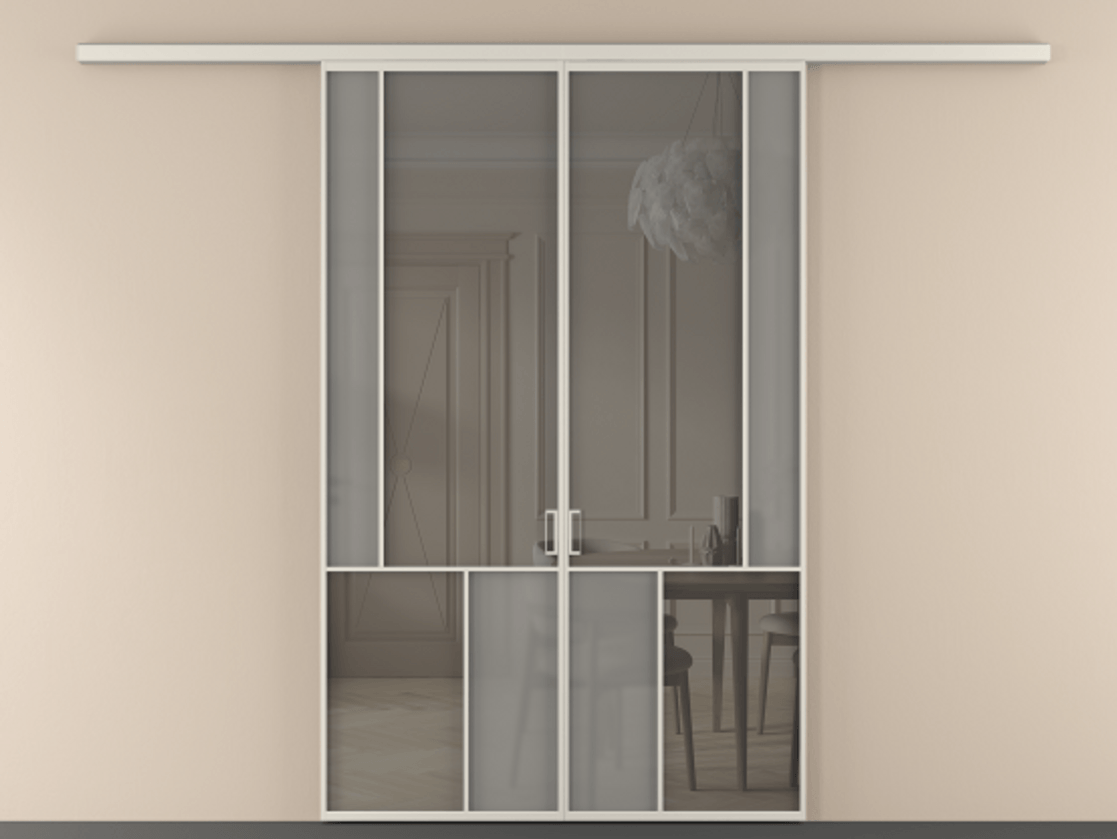 Перегородка Мозаик вдоль стены 2 створки АЛПР 041.21 Алюминий облачно-серый Сатинированное серое стекло, триплекс, 6 мм + Прозрачное серое стекло, триплекс Цена 14160 Br | Volhovec