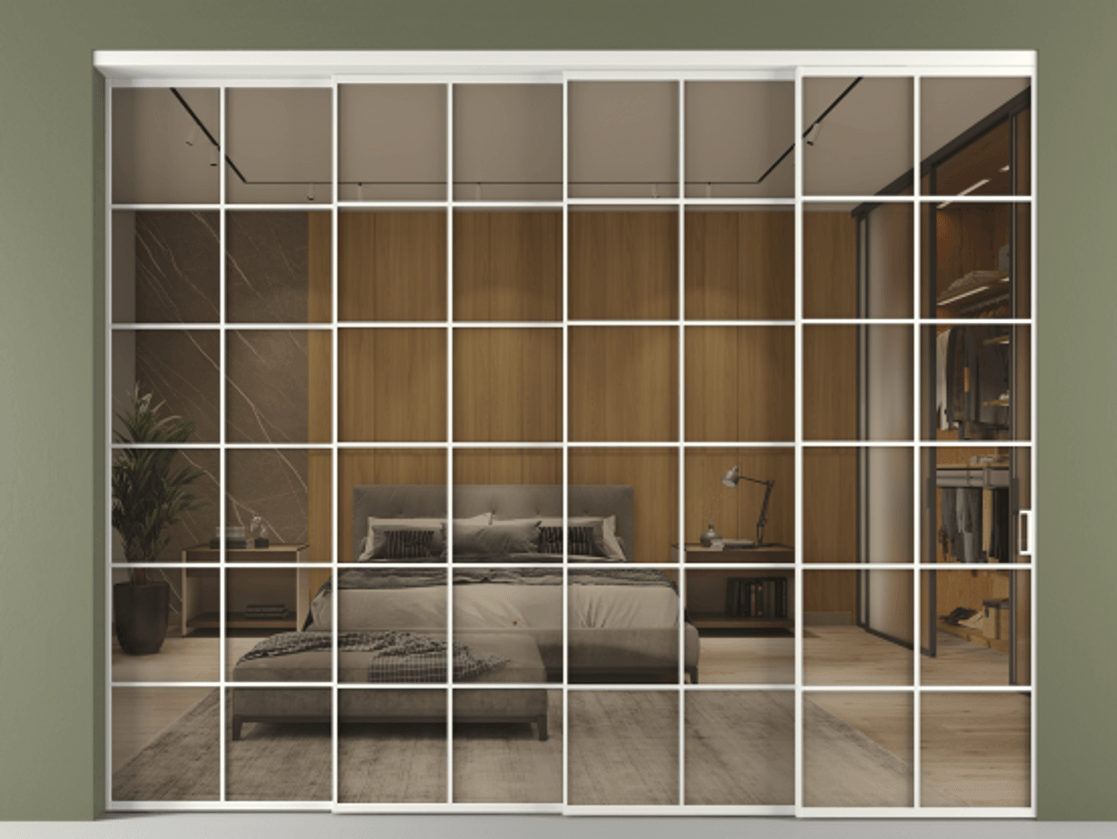 Перегородка Формато внутри проёма 4 створки с синхронным механизмом АЛПР 040.05 Алюминий светло-серый Рефлективное бронзовое стекло "Стопсол", калёное. Цена 27500 Br 1. Полотно 4 шт. (800/2100 мм)
2. Комплект установки раздвижной системы
3. Базовый комплект фурнитуры
4. Комплект фурнитуры телескопик синхро-3
5. Ручка Рондо. Фабрика дверей Волховец 8 (800) 551 43 19 Перегородка Формато внутри проёма 4 створки с синхронным механизмом АЛПР 040.05 Алюминий светло-серый Рефлективное бронзовое стекло "Стопсол", калёное Цена 27500 Br | Volhovec