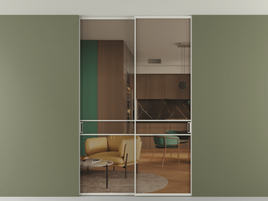 Перегородка Formato внутри проёма скрытое крепление в потолок 2 створки АЛПР 040.02 Алюминий тёплый серый Прозрачное бронзовое стекло, триплекс Цена 13710 Br | Volhovec