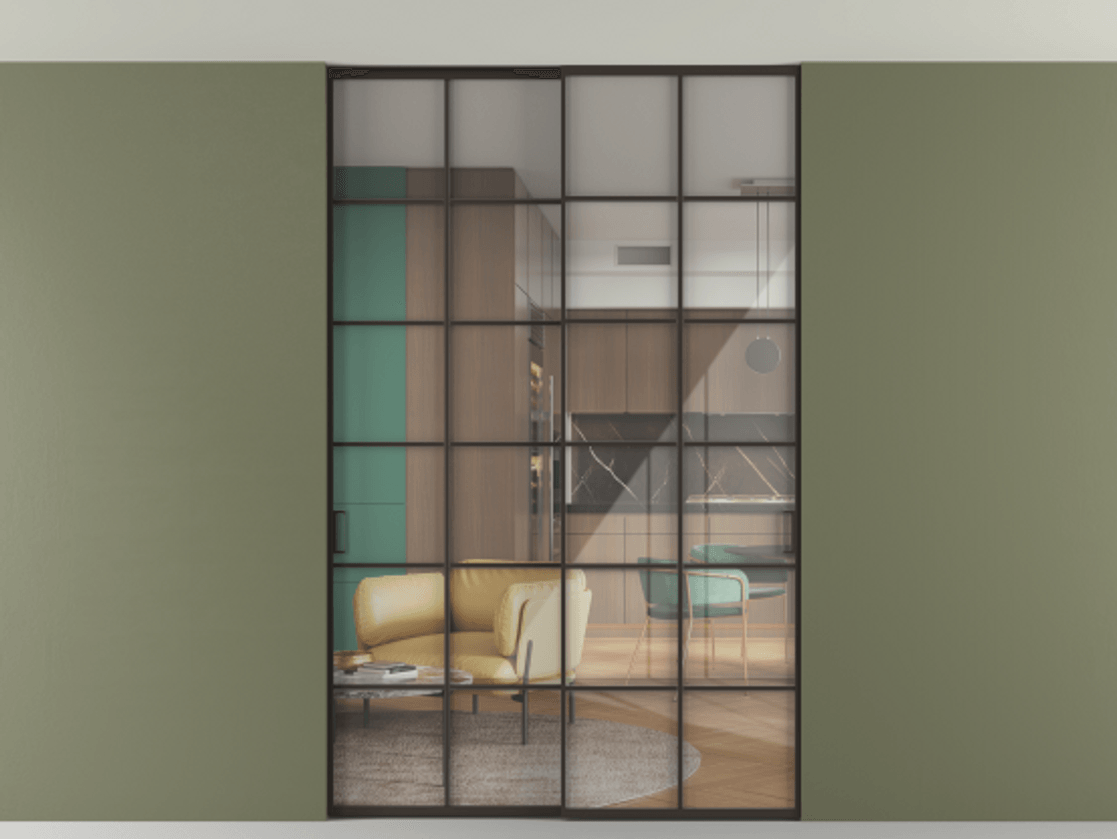 Перегородка Формато внутри проёма скрытое крепление в потолок 2 створки АЛПР 040.05 Алюминий антрацит Рефлективное прозрачное стекло "Стопсол", калёное Цена 17250 Br | Volhovec