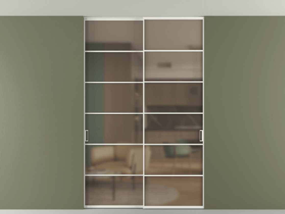 Перегородка Formato внутри проёма скрытое крепление в потолок 2 створки АЛПР 040.04 Алюминий светло-серый Сатинированное бронзовое стекло, триплекс Цена 14450 Br | Volhovec