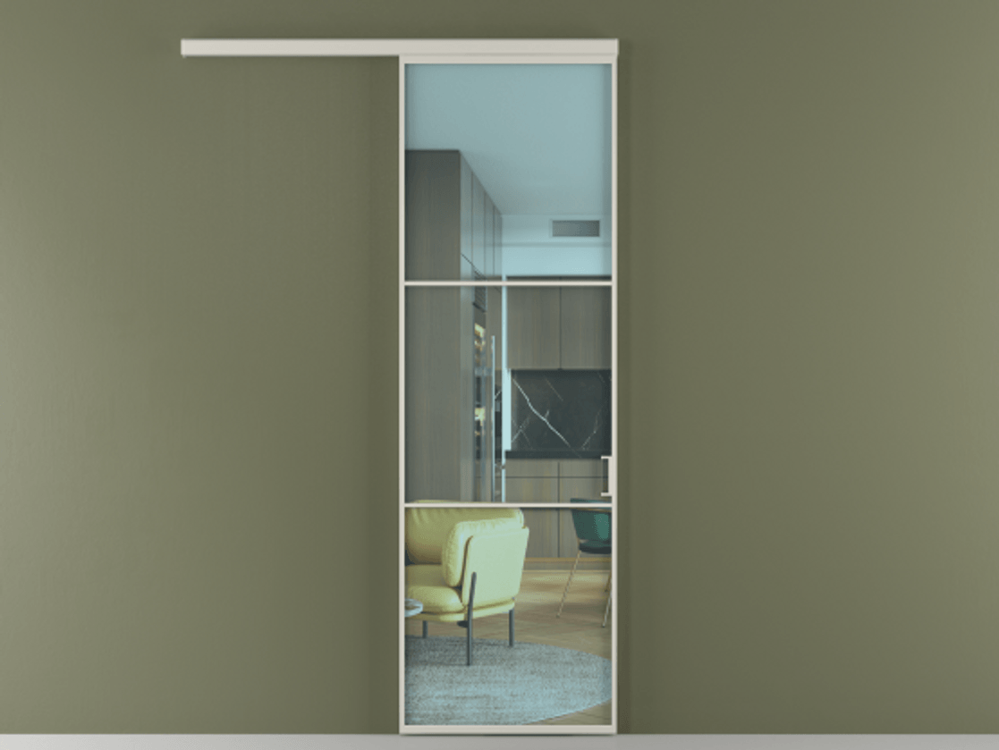 Перегородка Формато вдоль стены 1 створка АЛПР 040.03 Алюминий тёплый серый Прозрачное голубое стекло, триплекс Цена 5700 Br  | Volhovec