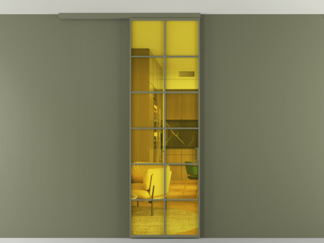 Перегородка Formato вдоль стены на потолок 1 створка АЛПР 040.05 Алюминий оливковый тёмный Прозрачное жёлтое стекло, триплекс Цена 5800 Br | Volhovec