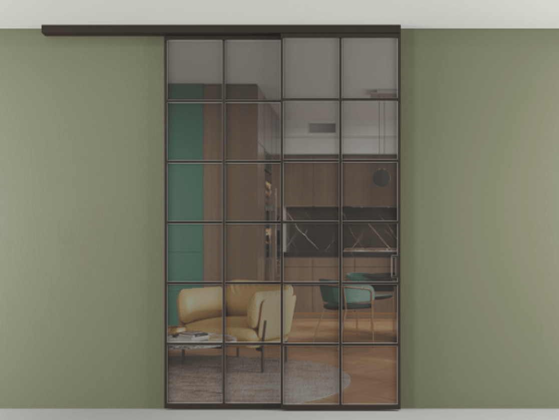 Перегородка Formato вдоль стены на потолок 2 створки с синхронным механизмом АЛПР 040.05 Алюминий антрацит Прозрачное серое стекло, триплекс Цена 15110 Br | Volhovec