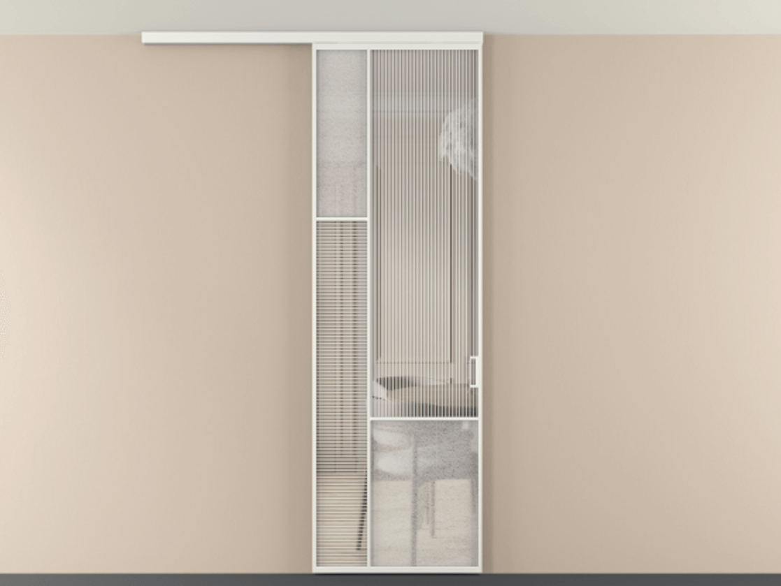 Перегородка Мозаик вдоль стены на потолок 1 створка АЛПР 041.13 Алюминий светло-серый Рифлёное стекло "Дюна", триплекс, 6 мм + Фактурное стекло "Лёд", триплекс Цена 7650 Br | Volhovec