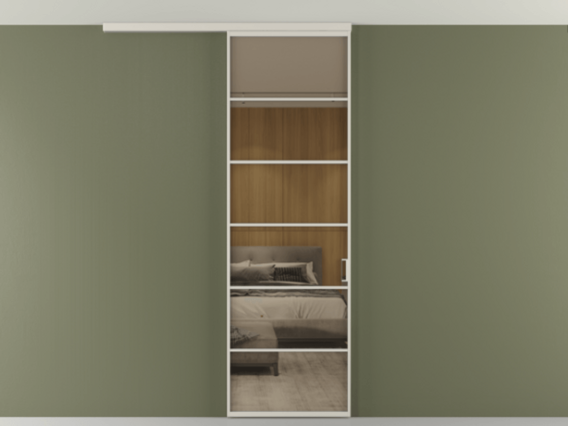 Перегородка Формато вдоль стены на потолок 1 створка АЛПР 040.04 Алюминий облачно-серый Рефлективное бронзовое стекло "Стопсол", калёное Цена 7170 Br | Volhovec