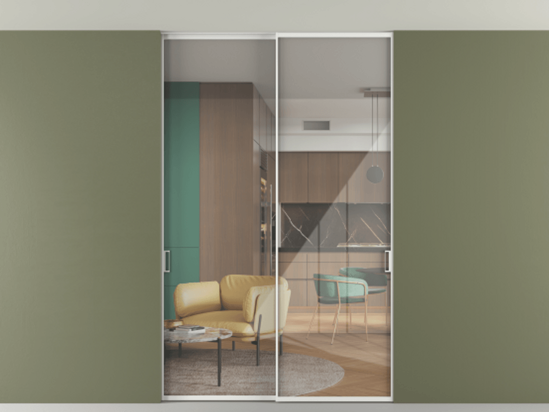 Перегородка Формато внутри проёма скрытое крепление в потолок 2 створки АЛПР 040.01 Алюминий белоснежный Рефлективное прозрачное стекло "Стопсол", калёное Цена 15700 Br | Volhovec