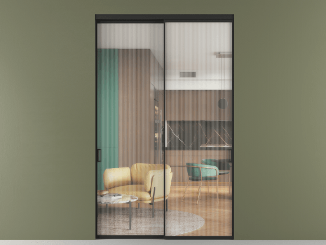 Перегородка Formato внутри проёма двустворчатая АЛПР 040.01 Алюминий Черный Рифлёное стекло "Moru", триплекс Цена 10460 Br  | Volhovec