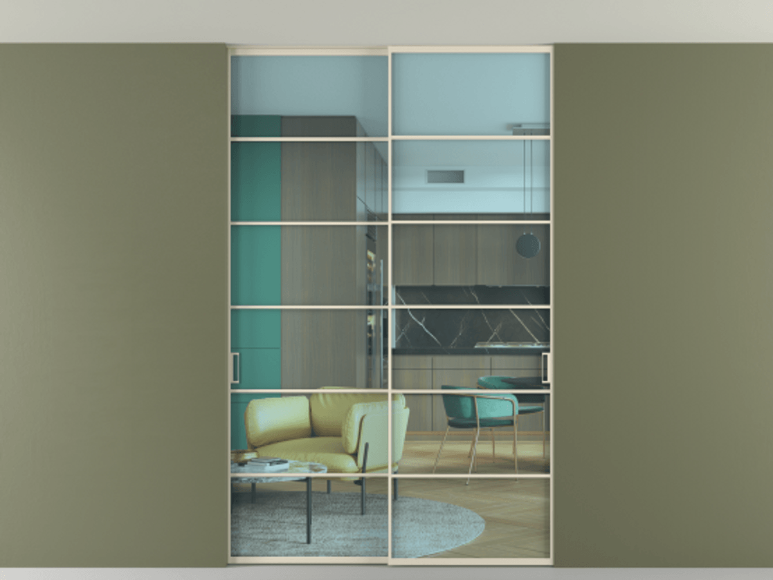 Перегородка Formato внутри проёма скрытое крепление в потолок 2 створки АЛПР 040.04 Алюминий бежево-серый Прозрачное голубое стекло, триплекс Цена 16400 Br | Volhovec