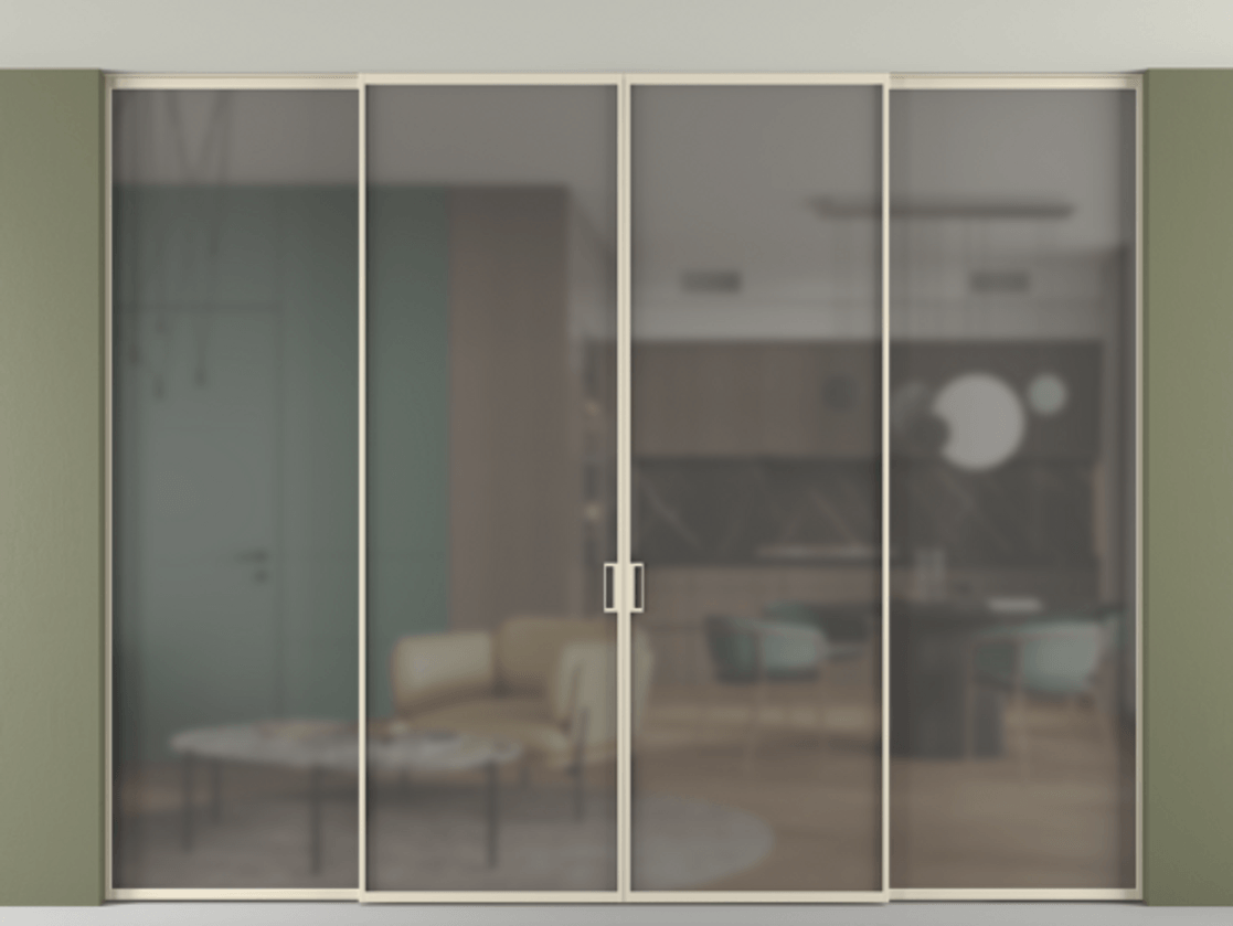 Перегородка Formato внутри проёма скрытое крепление в потолок 4 створки АЛПР 040.01 Алюминий бежево-серый Сатинированное серое стекло, триплекс Цена 23421 Br | Volhovec