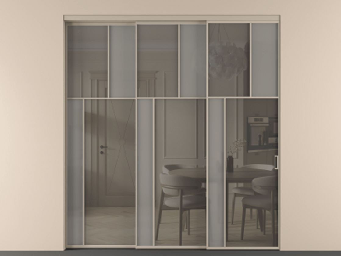 Перегородка Мозаик внутри проёма 3 створки с синхронным механизмом АЛПР 041.22 Алюминий бисквитный Сатинированное серое стекло, триплекс, 6 мм + Прозрачное серое стекло, триплекс Цена 23390 Br | Volhovec