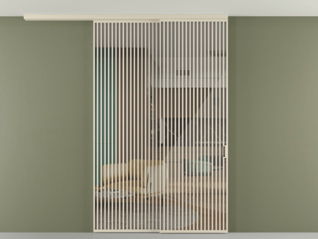 Перегородка Формато вдоль стены на потолок 2 створки с синхронным механизмом АЛПР 040.06 Алюминий бежево-серый Рефлективное прозрачное стекло "Стопсол", калёное Цена 29010 Br | Volhovec