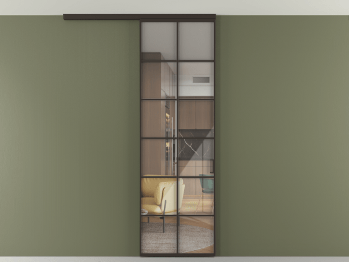 Перегородка Formato вдоль стены на потолок 1 створка АЛПР 040.05 Алюминий антрацит Рефлективное прозрачное стекло "Стопсол", калёное Цена 7170 Br | Volhovec