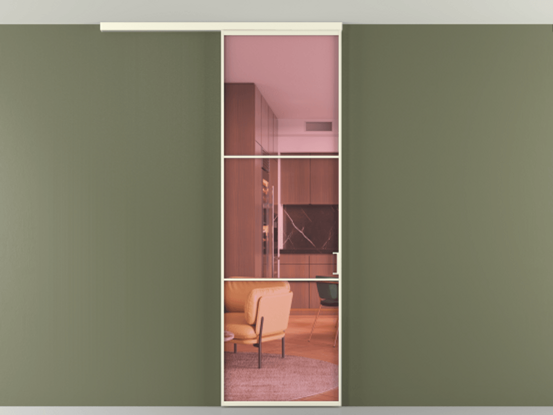 Перегородка Formato вдоль стены на потолок 1 створка АЛПР 040.03 Алюминий молочно-белый Прозрачное розовое стекло, триплекс Цена 5400 Br | Volhovec