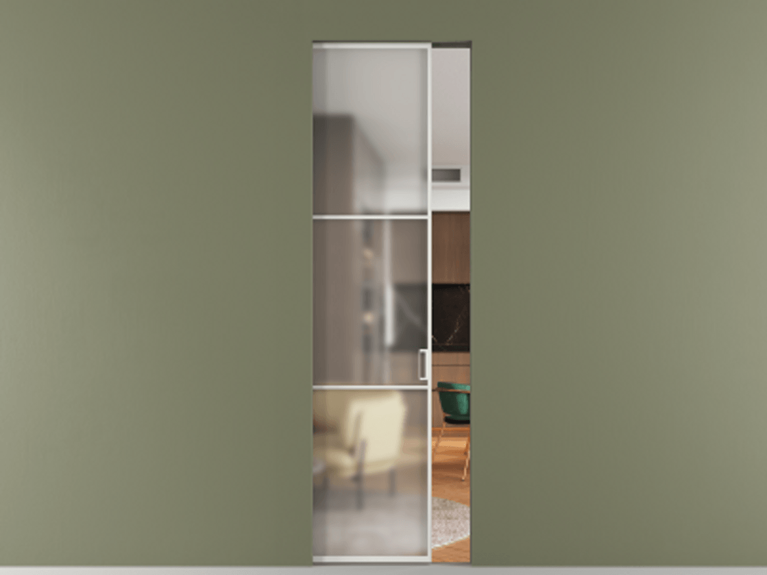 Перегородка Формато скрытый пенал 1 створка АЛПР 040.03 Алюминий светло-серый Сатинированное стекло "Мателюкс Кристал Вижн", калёное, матовое, каленое 6 мм Цена 9540 Br | Volhovec