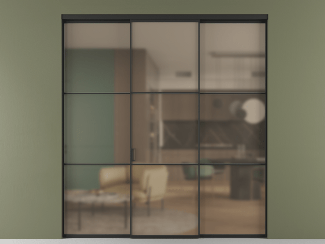 Перегородка Formato внутри проёма трёхстворчатая АЛПР 040.03 Алюминий Черный Сатинированное бронзовое стекло, триплекс Цена 14180 Br | Volhovec