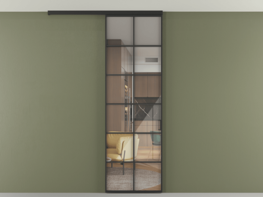 Перегородка Формато вдоль стены на потолок 1 створка АЛПР 040.05 Алюминий Черный Рефлективное прозрачное стекло "Стопсол", калёное Цена 6900 Br | Volhovec