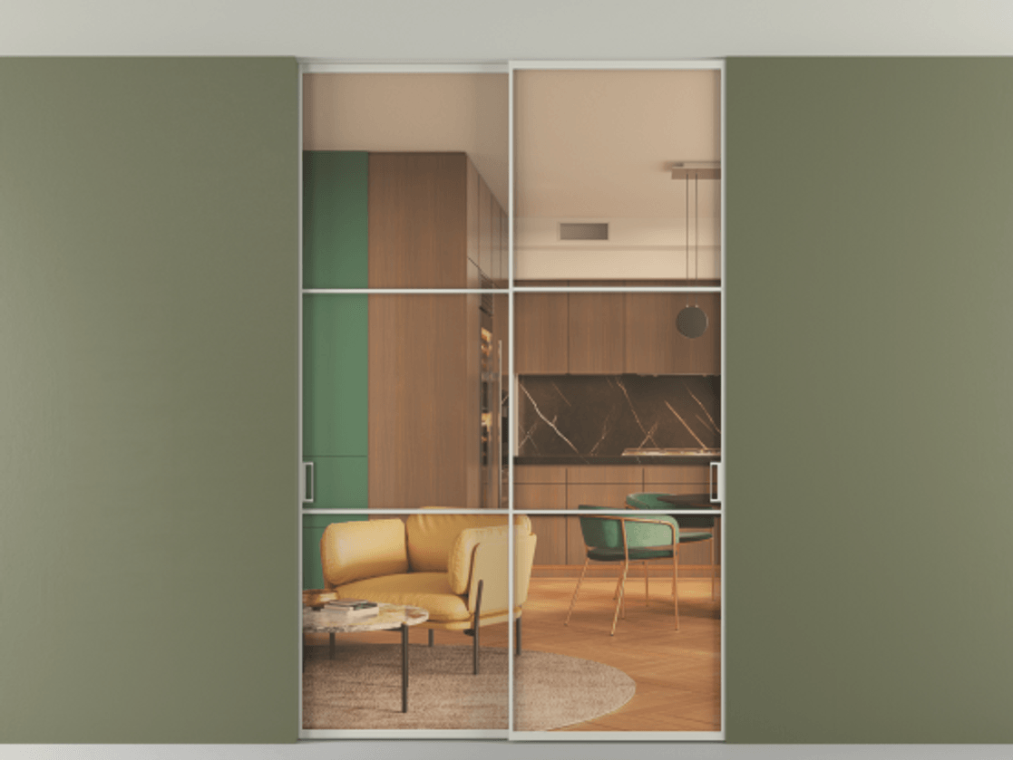 Перегородка Формато внутри проёма скрытое крепление в потолок 2 створки АЛПР 040.03 Алюминий тёплый серый Прозрачное оранжевое стекло, триплекс Цена 13300 Br | Volhovec