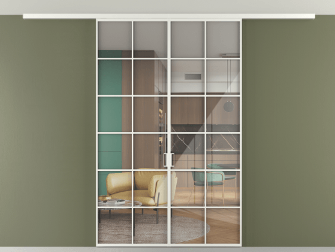 Перегородка Формато вдоль стены на потолок 2 створки АЛПР 040.05 Алюминий светло-серый Рефлективное прозрачное стекло "Стопсол", калёное Цена 13960 Br | Volhovec