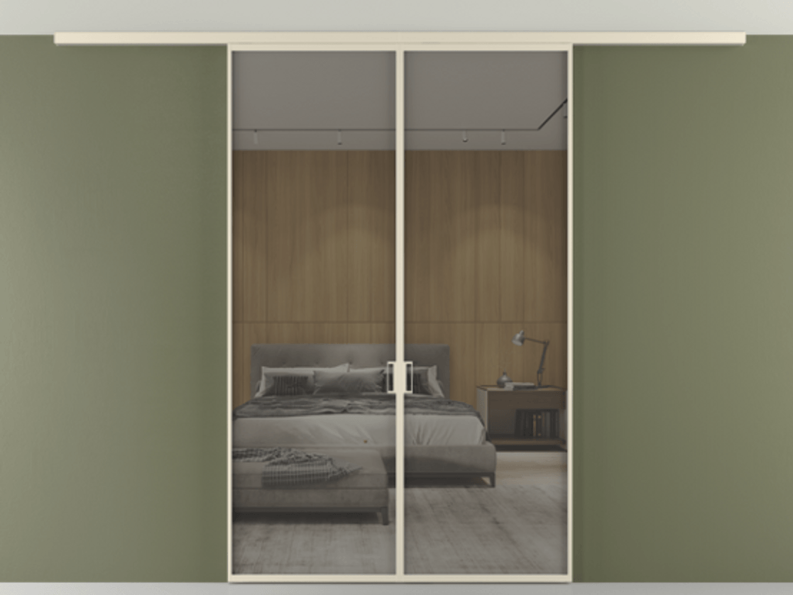 Перегородка Формато вдоль стены на потолок 2 створки АЛПР 040.01 Алюминий бежево-серый Рефлективное серое стекло "Стопсол", калёное Цена 12410 Br | Volhovec