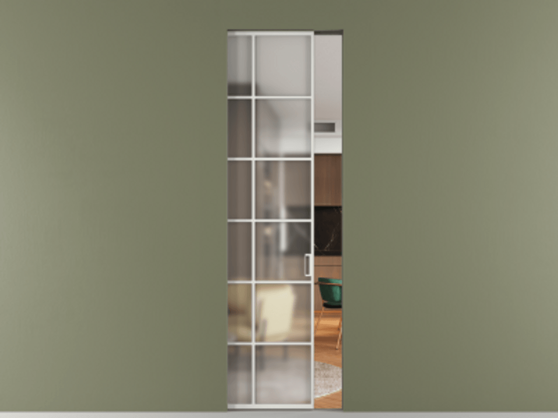 Перегородка Формато скрытый пенал 1 створка АЛПР 040.05 Алюминий светло-серый Сатинированное стекло "Мателюкс Кристал Вижн", калёное, матовое, каленое 6 мм Цена 9960 Br | Volhovec