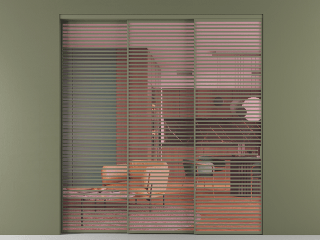 Перегородка Formato внутри проёма 3 створки с синхронным механизмом АЛПР 040.07 Алюминий оливковый тёмный Прозрачное розовое стекло, триплекс Цена 31000 Br  | Volhovec