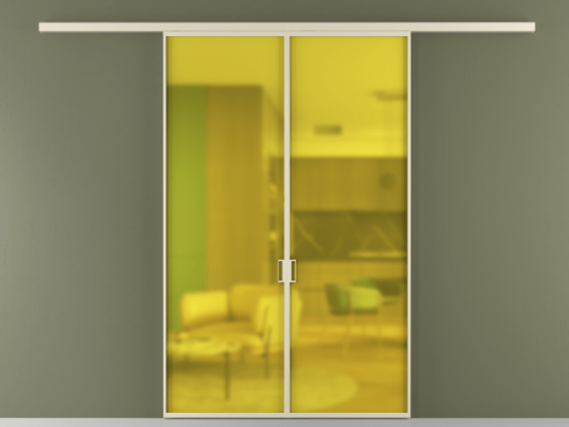 Межкомнатная дверь New Перегородка Formato вдоль стены двустворчатая АЛПР 040.01 Алюминий бежево-серый Сатинированное жёлтое стекло, триплекс Цена 11900  | Volhovec