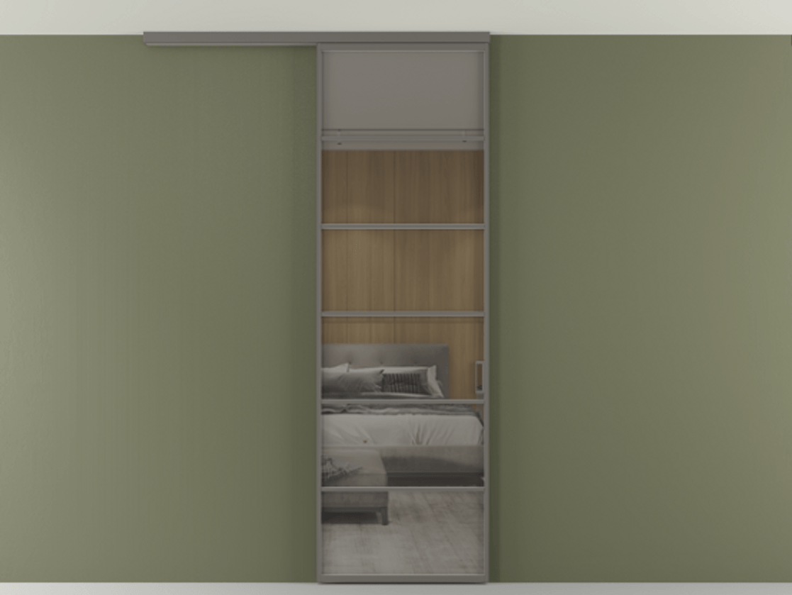 Перегородка Formato вдоль стены на потолок 1 створка АЛПР 040.04 Алюминий классический серый Рефлективное серое стекло "Стопсол", калёное Цена 7170 Br | Volhovec