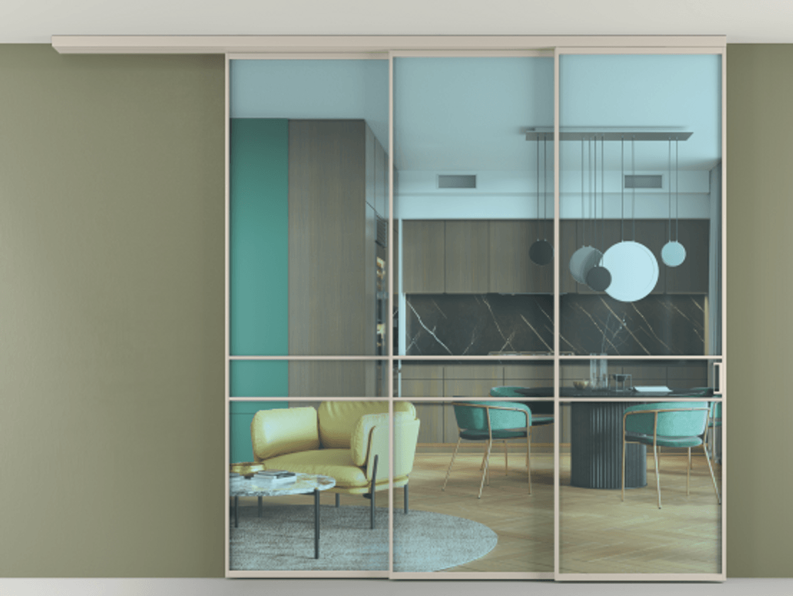 Перегородка Formato вдоль стены на потолок 3 створки с синхронным механизмом АЛПР 040.02 Алюминий светло-бежевый Прозрачное голубое стекло, триплекс Цена 21200 Br | Volhovec